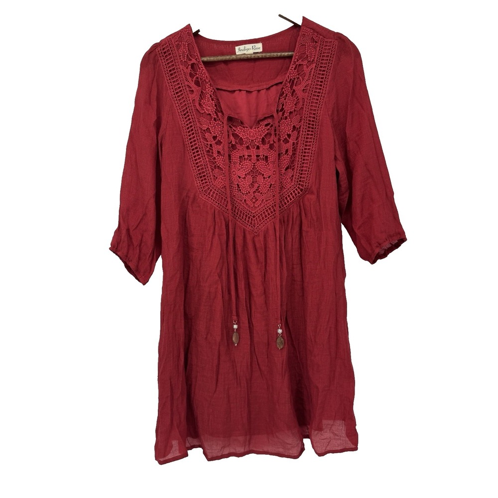 Indigo Rose M Dress Peasant Burgundy Lace Ties Boho Gauze Western Rodeo Sheer